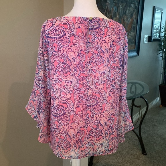 Jones New York Pink and White Paisley Blouse Top with Bell Sleeves size M - Picture 4 of 7